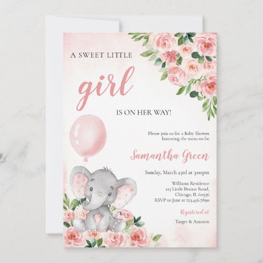Pink Girl Elephant Baby Shower Kaart (Voorkant)