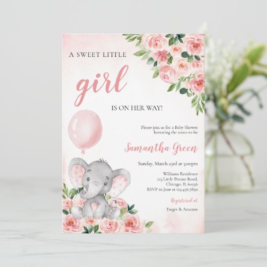 Pink Girl Elephant Baby Shower Kaart (Staand voorkant)