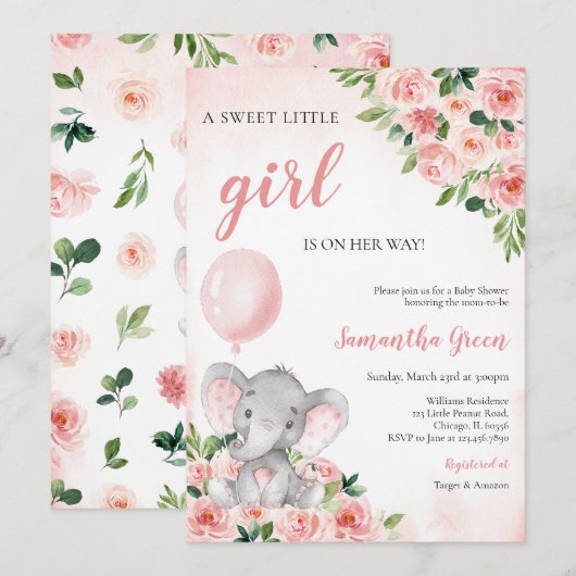 Pink Girl Elephant Baby Shower Kaart (Voorkant / Achterkant)