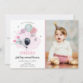 Pink Girl First Birthday Buitenspace Astronaut Kaart
