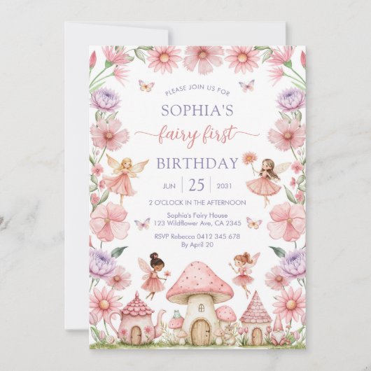 Pink Girl Floral Fairy First 1st Birthday Kaart (Voorkant)