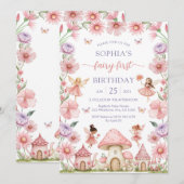 Pink Girl Floral Fairy First 1st Birthday Kaart (Voorkant / Achterkant)