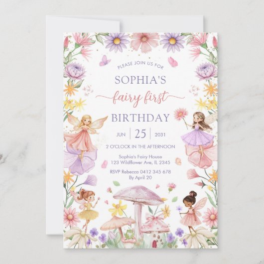 Pink Girl Floral Fairy First 1st Birthday Kaart (Voorkant)