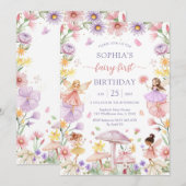 Pink Girl Floral Fairy First 1st Birthday Kaart (Voorkant / Achterkant)