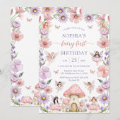 Pink Girl Floral Fairy First 1st Birthday Kaart (Voorkant / Achterkant)
