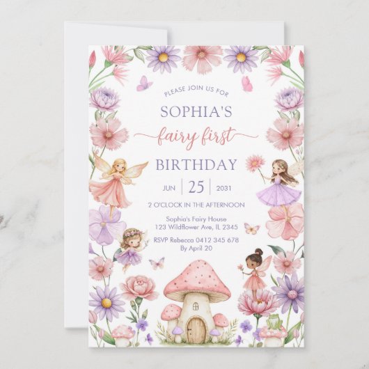 Pink Girl Floral Fairy First 1st Birthday Kaart (Voorkant)
