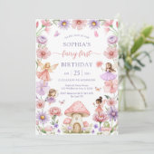 Pink Girl Floral Fairy First 1st Birthday Kaart (Staand voorkant)