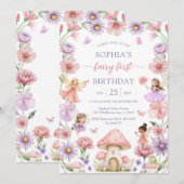Pink Girl Floral Fairy First 1st Birthday Kaart (Voorkant / Achterkant)