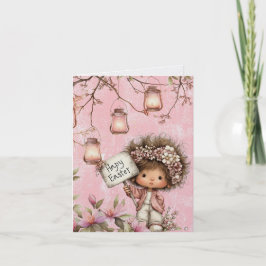 Pink Girl Holding Happy Easter Sign Lanterns Flowe Notitiekaartje