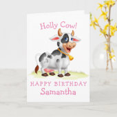 Pink Girl Koe blije verjaardagskaart Kaart (Gele Bloem)