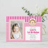 Pink Girl Monkey Birthday Uitnodiging (Staand voorkant)