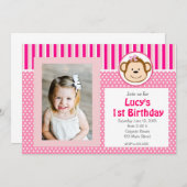 Pink Girl Monkey Birthday Uitnodiging (Voorkant / Achterkant)