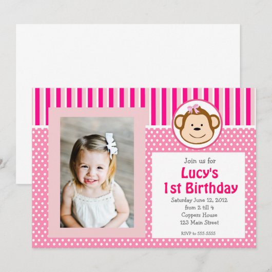 Pink Girl Monkey Birthday Uitnodiging (Voorkant / Achterkant)