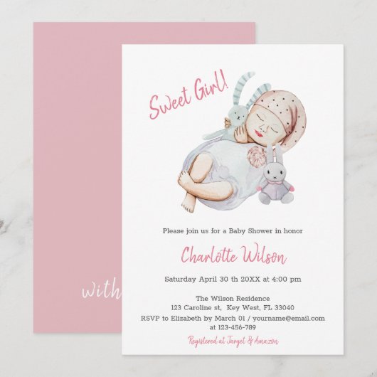 Pink Girl Newborn Baby shower-uitnodiging Save The Date (Voorkant / Achterkant)