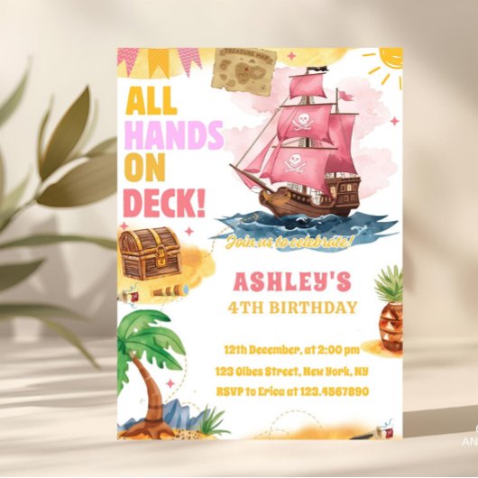 Pink Girl Pirate Theme Birthday invitation Kaart