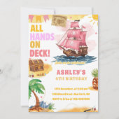 Pink Girl Pirate Theme Birthday invitation Kaart (Voorkant)