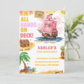 Pink Girl Pirate Theme Birthday invitation Kaart (Staand voorkant)