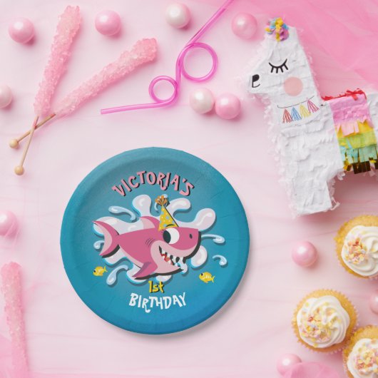 Pink Girl Shark Baby Birthday Party Papieren Bordje (Feest)