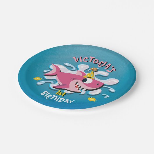 Pink Girl Shark Baby Birthday Party Papieren Bordje (Gekanteld)