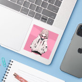 Pink Girl Sticker (Laptop met iPhone)