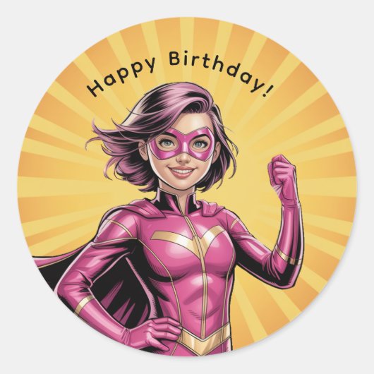 Pink Girl Superhero Birthday Party Ronde Sticker (Voorkant)