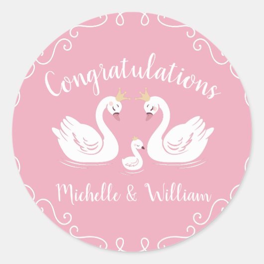 Pink Girl Swans Baby shower Ronde Sticker (Voorkant)