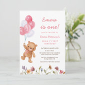 Pink Girl Teddy Bear 1e verjaardag Kaart (Staand voorkant)