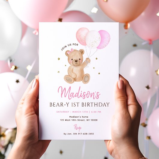 Pink Girl Teddy Bear Balloon First Birthday Kaart