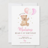 Pink Girl Teddy Bear Balloon First Birthday Kaart (Voorkant)