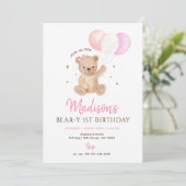 Pink Girl Teddy Bear Balloon First Birthday Kaart (Staand voorkant)