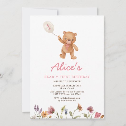 Pink Girl Teddy Bear First Birthday Uitnodiging (Voorkant)