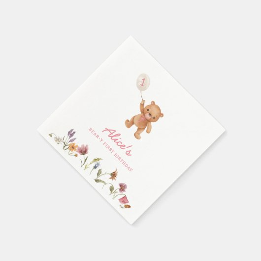 Pink Girl Teddy Bear First Birthday Uitnodiging Servet (Hoek)