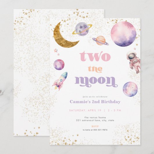 Pink Girl Twee De Maanverjaardag Uitnodiging (Voorkant / Achterkant)