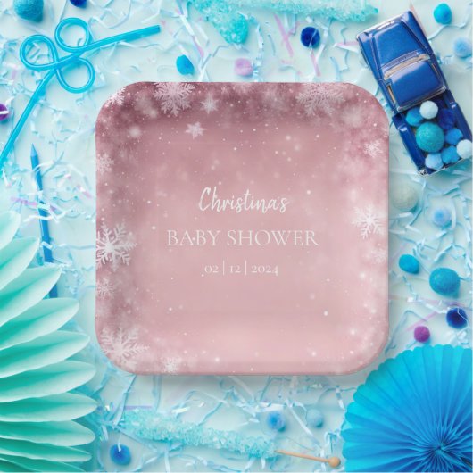 Pink Girl Winter Baby shower Papieren Bordje (Feest)
