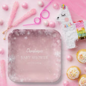 Pink Girl Winter Baby shower Papieren Bordje (Feest)
