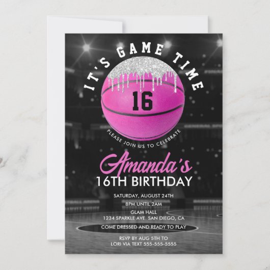 Pink Girls Basketball Birthday Uitnodiging (Voorkant)