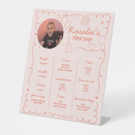 Pink Girl's First Birthday Milestone Timeline Reclamebord Met Voetstuk