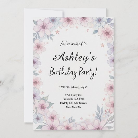  Pink Girl's Flower Birthday Party Kaart (Voorkant)