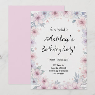 Pink Girl's Flower Birthday Party Kaart