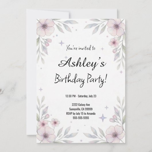  Pink Girl's Flower Birthday Party Kaart (Voorkant)