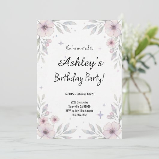  Pink Girl's Flower Birthday Party Kaart (Staand voorkant)