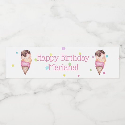 Pink Girls Ice Cream Birthday Party Waterfles Etiket (Enkel label)