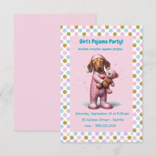 Pink Girl's Pajama Party Kaart (Voorkant / Achterkant)