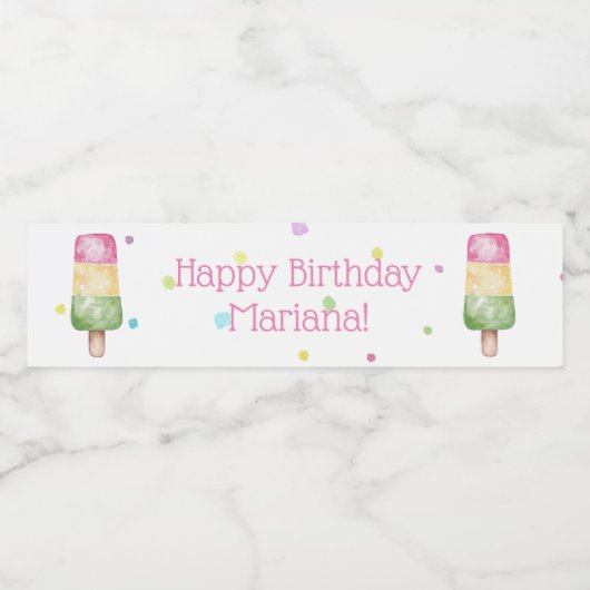 Pink Girls Popsicle Birthday Party Waterfles Etiket (Enkel label)