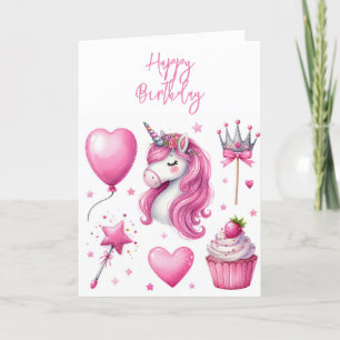 Pink Girl's Unicorn Happy Birthday Wenskaart Bedankkaart