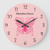 Pink Girly Butterfly Clocks Grote Klok (Voorkant)
