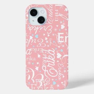 Pink Girly Calligraphy Typografie Naam Patroon iPhone 15 Case