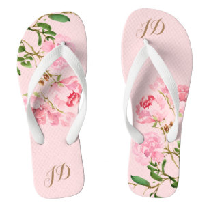 Pink Girly Floral Monogram Waterverf Peony Flower Teenslippers