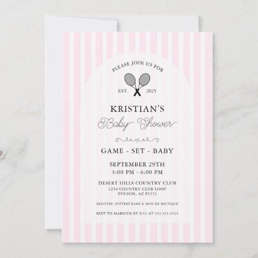 Pink Girly Tennis Country Club Baby shower Party Kaart (Voorkant)