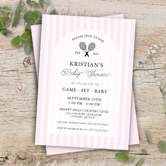 Pink Girly Tennis Country Club Baby shower Party Kaart